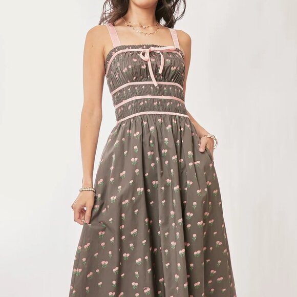 Davi & Dani Contrast Velvet Tape‎ Smocking Bodice Midi Dress - Picture 7 of 11